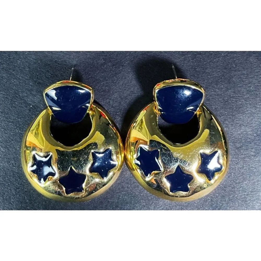 Vintage 80s Chunky Navy Blue Gold Stars Earrings 1.5in